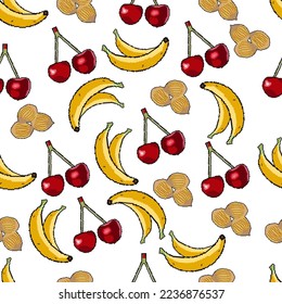 A pattern of pixel icons of useful, dietary products on a white background. hazelnut, banana, cherry. For textiles, packaging, embroidery. Vector illustration