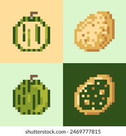A pattern of pixel icons of watermelon and potatoes on an isolated background.