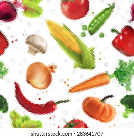 Pattern pixel vegetables corn, pepper, peas, broccoli, onion, beet, mushrooms, tomato, pumpkin, cabbage, cucumber, carrot, chili pepper, leek drawing on  white background