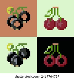 A pattern of pixelated cherry and blackcurrant fruits on an isolated background.