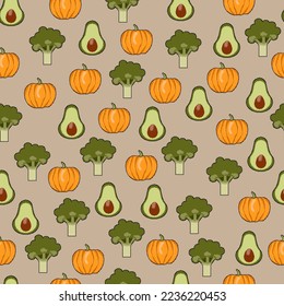 Muster der gepixelten Symbole von Obst und Gemüse auf beigem Hintergrund. Kürbis, Broccoli, Avocado. Für Textilien, Verpackungen, Stickereien. Vektorgrafik.
