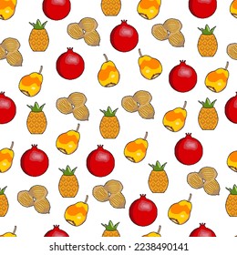 A pattern of pixelated icons of nuts and fruits for proper nutrition on a white background. Pomegranate, pineapple, pear, hazelnut. For textiles, packaging, embroidery. Vector illustration