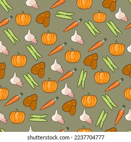 A pattern of pixelated icons of vegetables for proper nutrition on a dark background. Pumpkin, green beans, carrots, garlic, potatoes. For textiles, packaging, embroidery. Vector illustration