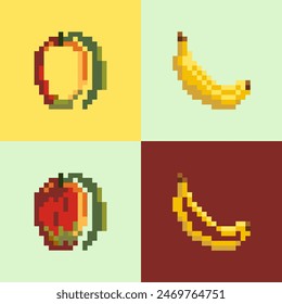 Un patrón de frutas pixeladas de mango y plátano sobre un fondo aislado.