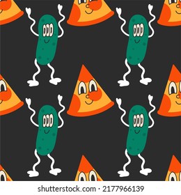 Pattern with pizza and cucumbers, cute faces, seamless pattern, illustration for print. Psychedelic style, flat design, cartoon.