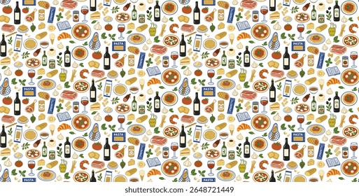 Pattern with Pizza, pasta, cheese, garlic, tomatoes, basil, olive oil, wine, bread, croissant, olives, prosciutto, salami, plates, wine glasses, sauces, spices Italian Food  Vector illustration
