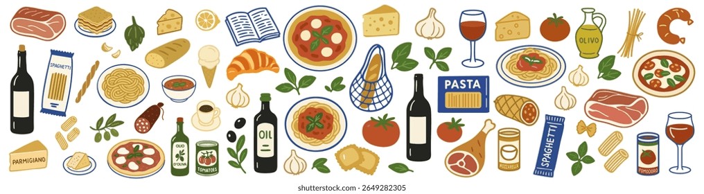 Pattern with Pizza, pasta, cheese, garlic, tomatoes, basil, olive oil, wine, bread, croissant, olives, prosciutto, salami, sauces, spices, plates, wine for an Italian Food Theme Vector illustration