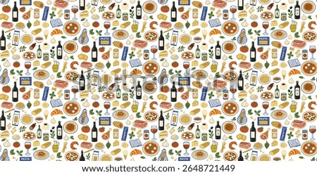 Pattern with Pizza, pasta, cheese, garlic, tomatoes, basil, olive oil, wine, bread, croissant, olives, prosciutto, salami, plates, wine glasses, sauces, spices Italian Food  Vector illustration