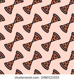 Un patrón de porciones de pizza se dibuja en un fondo rosa claro. Las porciones de pizza están dibujadas en un estilo de dibujos animados y se colocan de manera que parecen apiladas unas encima de otras