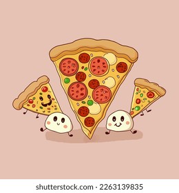 Pattern with Сartoon pizza slices with feet smiling and mozzarella balls with cute smile and feet on pink background. Perfect content for wallpaper, postcards, posters, fabric, napkins and other.