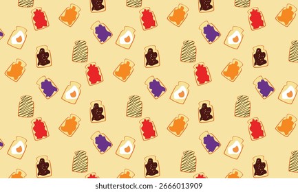 Um padrão de pão simples com várias coberturas no topo, como ovos fritos e geleia de morango, entre outros. O fundo amarelo acrescenta um toque alegre. Este design é perfeito para a embalagem de sobremesa.