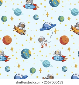 Pattern with planets and astronauts.Vector seamless pattern with planets, spaceships and astronauts on a blue background.