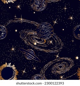 Pattern with planets and galaxies.Vector pattern with planets, stars and galaxies on a colored background.