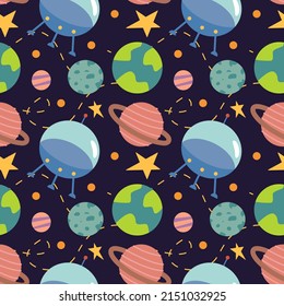 Pattern with planets, rockets, stars, comets, spaceships in cartoon style. Seamless pattern. Can be used for wallpaper, fill web page background, surface textures