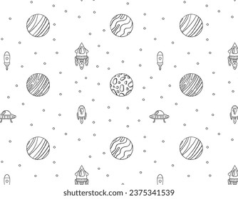 pattern of planets and space rockets on a transparent background, doodle style, space adventure, children's print. Vector graphics for packaging and testing design