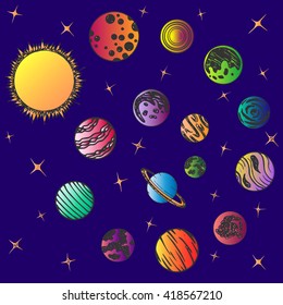 Pattern with planets and stars on a blue background. Sun, earth, mars, venus, mercury, neptune, uranus. Vector illustration.