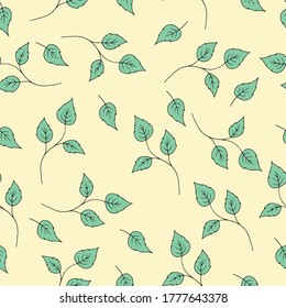 Pattern of plant elements.  Branches with three leaves scattered across the canvas.  Between them are single leaves.  The leaves are drawn in black outline and painted in green.  The background is lig