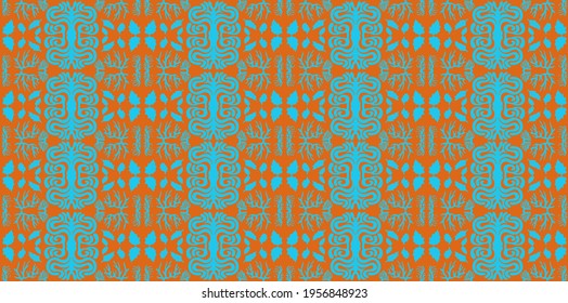 A pattern of plant forms in blue on an orange background. Use it for textures and illustrations.