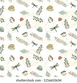 pattern with plant leaves and dragonflies