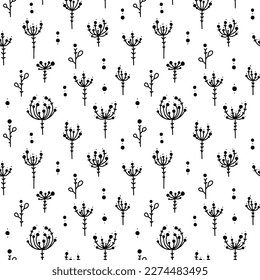 A pattern of plant umbrellas, bunches, inflorescences and seeds. Seamless vector image on a transparent background.