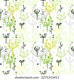 Pattern of plant umbrellas, bunches, inflorescences and seeds. Seamless vector image on a transparent background.