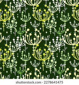 Pattern of plant umbrellas, bunches, inflorescences and seeds. Seamless vector image.