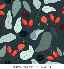 Pattern plants, berry and leaves with light spots on dark green background. Seamless pattern, vector illustration.