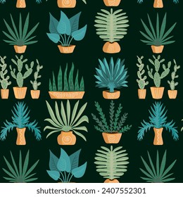 Pattern with plants in pots. Natural pattern. Vector illustration.