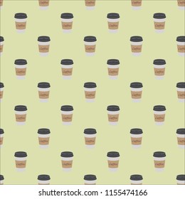 Pattern of plastic and paper Coffee Cups on vintage background. Collection 3d Coffee Cup Mockup. Vector Template.