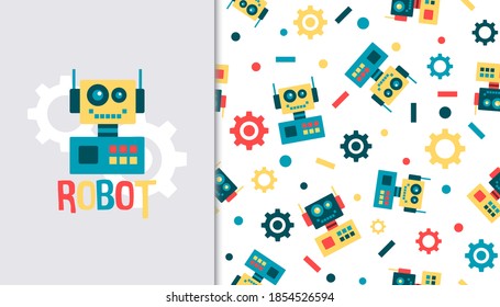 pattern with Playful Robot Character. Vector Illustration.