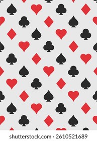 Pattern of playing card symbols of hearts, diamonds, spades and clubs on a white background. Simple and elegant design, suitable for backgrounds, textiles, wrapping paper or gaming and casino themes.