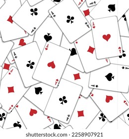 Pattern with playing cards. Playing cards scattered on the table. Suits of playing cards. Spades, Hearts, Clubs, Diamonds.