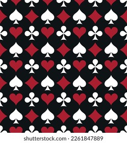 Pattern of playing cards. Spades, Hearts, Clubs, Diamonds. Casino gambling, poker background.