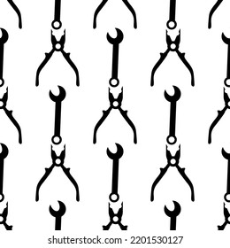 Pattern of pliers and wrench on white background. Vector image to use as print in clothing or background