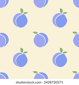 Pattern with plums, fruit in boho style on soft pastel cream background, simple seamless summer pattern. Vector illustration