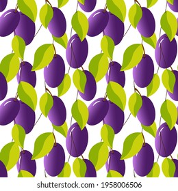 Pattern with plums and leaves. Fruit illustration. Vector illustration isolated on white background. For packaging, fabrics, prints, brochures and books, covers and other designs.