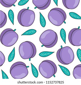 Pattern with plums and leaves on a white background. 