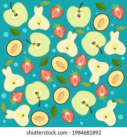 A pattern of plums, pears, and apples cut in half and floating in the water.