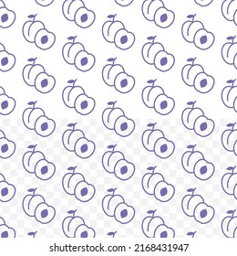 Pattern of Plums in purple color on transparent background(PNG) with mini doodles(icons). Vector Illustration