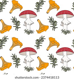 Pattern with poisonous fly agaric mushrooms and edible chanterelles and moss sprigs on white background.