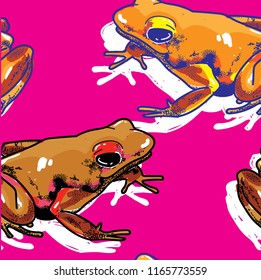 A pattern with poisonous frogs. Seamless pattern. Bright summer pattern. Drawing by hand. Lovely frogs of bright colors. multicolored pattern. Tropical frogs.