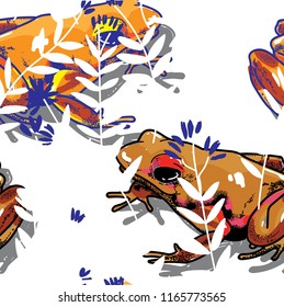 A pattern with poisonous frogs. Seamless pattern. Bright summer pattern. Drawing by hand. Lovely frogs of bright colors. multicolored pattern. Tropical frogs.