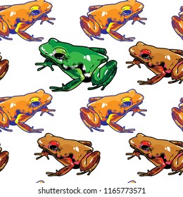 A pattern with poisonous frogs. Seamless pattern. Bright summer pattern. Drawing by hand. Lovely frogs of bright colors. multicolored pattern. Tropical frogs.