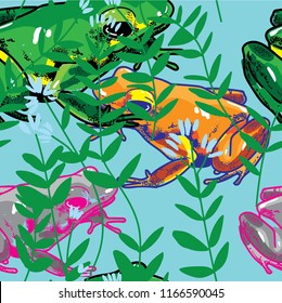 A pattern with poisonous frogs. Seamless pattern. Bright summer pattern. Drawing by hand. Lovely frogs of bright colors. multicolored pattern. Tropical frogs.
