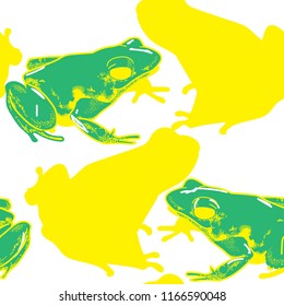 A pattern with poisonous frogs. Seamless pattern. Bright summer pattern. Drawing by hand. Lovely frogs of bright colors. multicolored pattern. Tropical frogs.