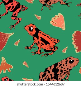 A pattern with poisonous frogs. Seamless pattern. Bright summer pattern. Drawing by hand. Lovely frogs of bright colors. multicolored pattern. Tropical frogs.