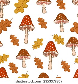 pattern with poisonous mushroom fly agaric and oak leaf vector illustration