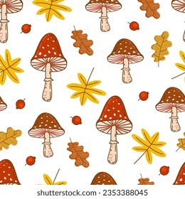 pattern with poisonous mushroom fly agaric and oak leaf vector illustration 