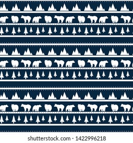 Pattern with polar bear, forest, mountain. Animal vector illustration. For paper, fabric, poster, cover.