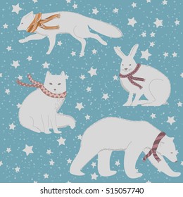 Pattern with polar foxes, bear and rabbit, vector